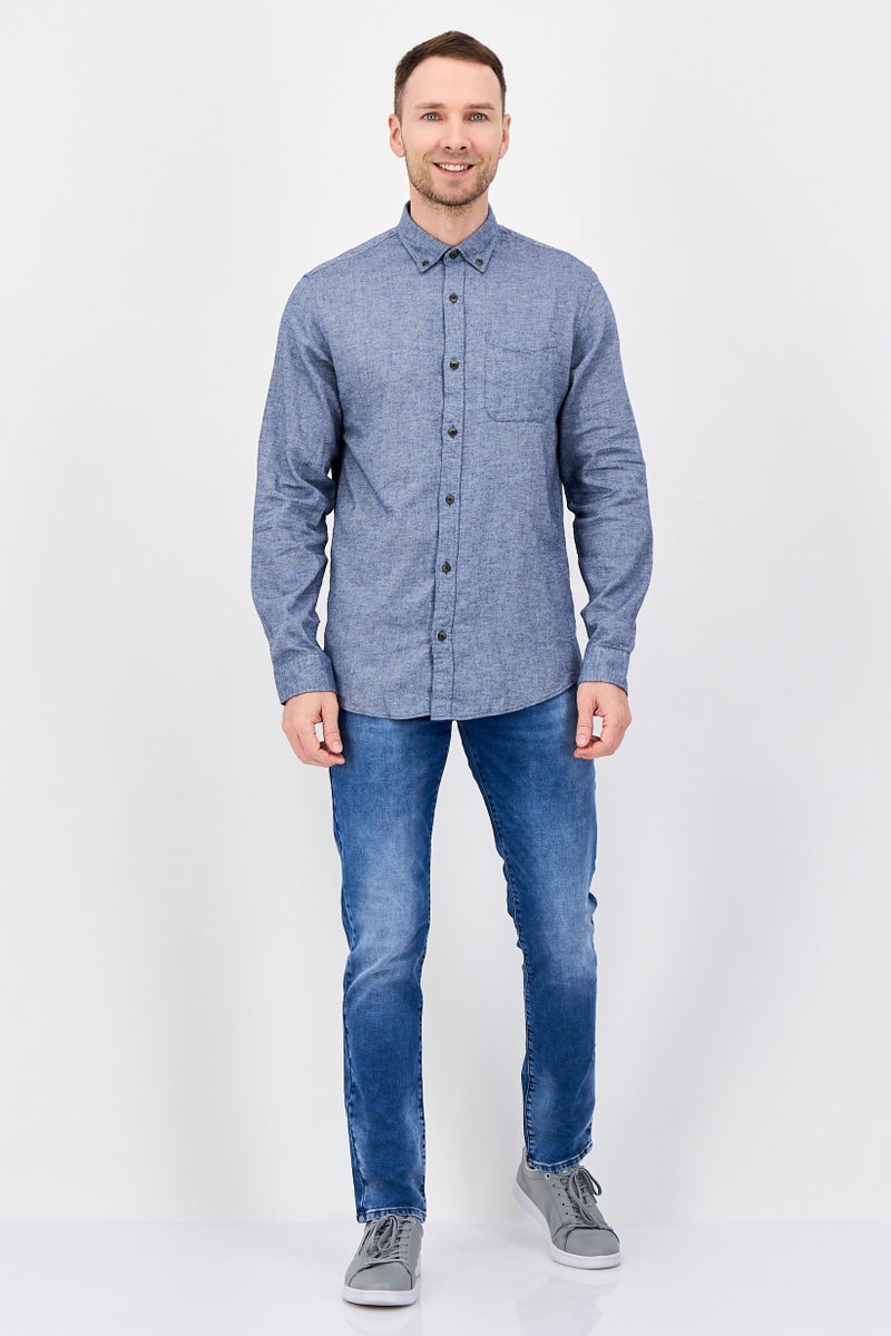 JACK & JONES Men Regular Fit Heather Long Sleeve Casual Shirt, Faded Blue - Image 3